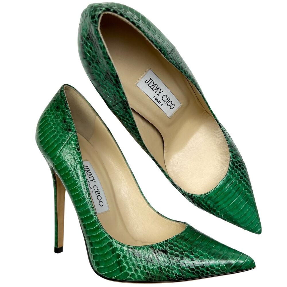 JIMMY CHOO Anouk Snakeskin Pointed Toe Pumps EU 39.5 US 9.5 Emerald Green Heels